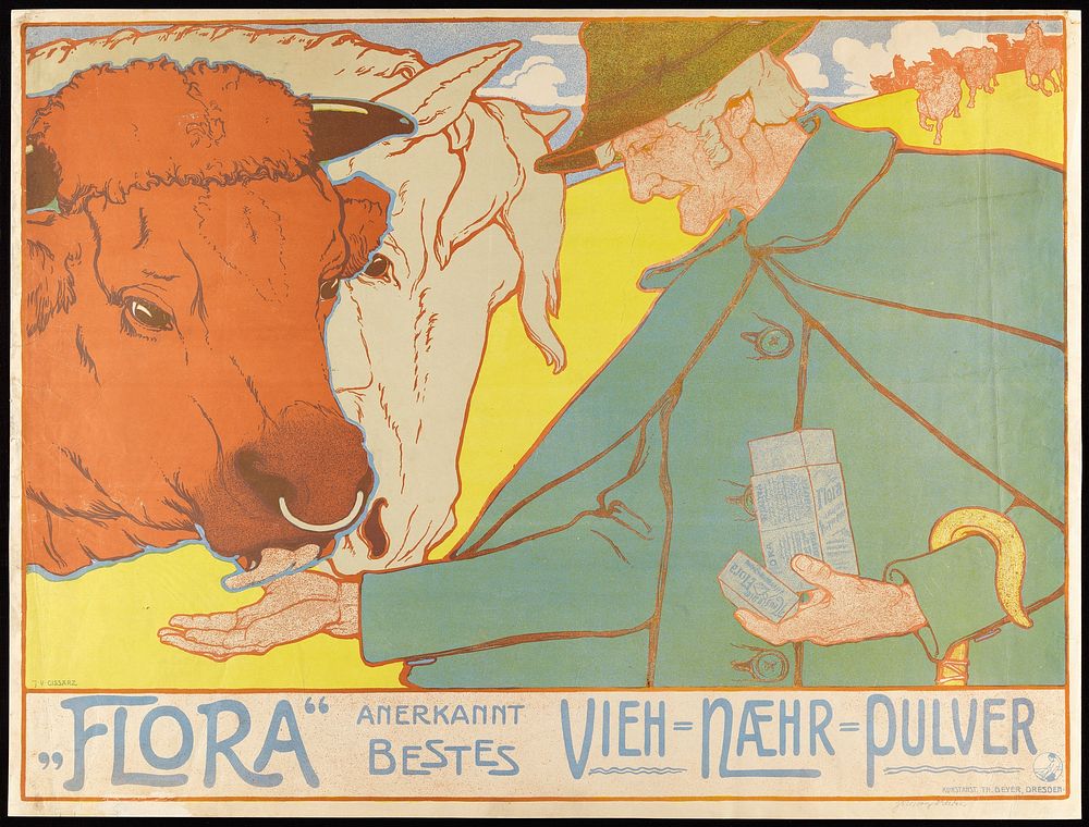 "Flora" dietary supplement being fed by an old farmer to a cow and a horse. Colour lithograph by J.V. Cissarz, 1898.