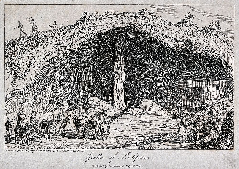 Geology: the grotto at Antiparos (exterior). Etching by G. Cruikshank after John Auldjo.