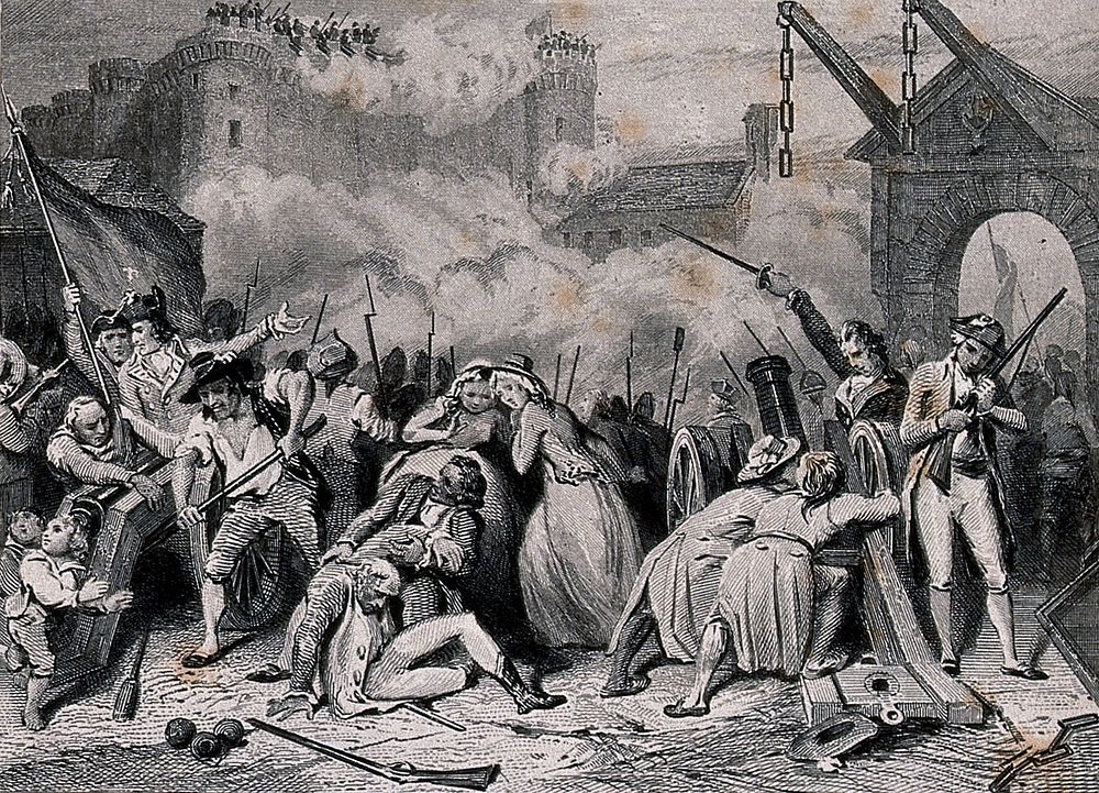 The storming of the Bastille on the 14 July 1789. Line engraving with etching after H. Singleton.