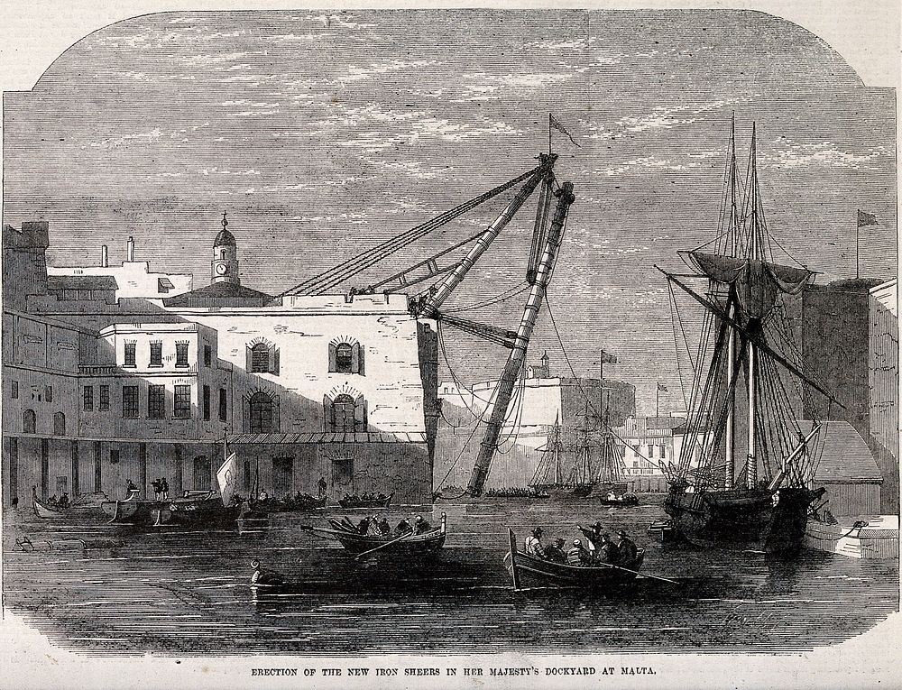 Malta: view of the Naval dockyard with heavy lifting gear newly installed.. Wood engraving, 1865, after J. Kiddie.