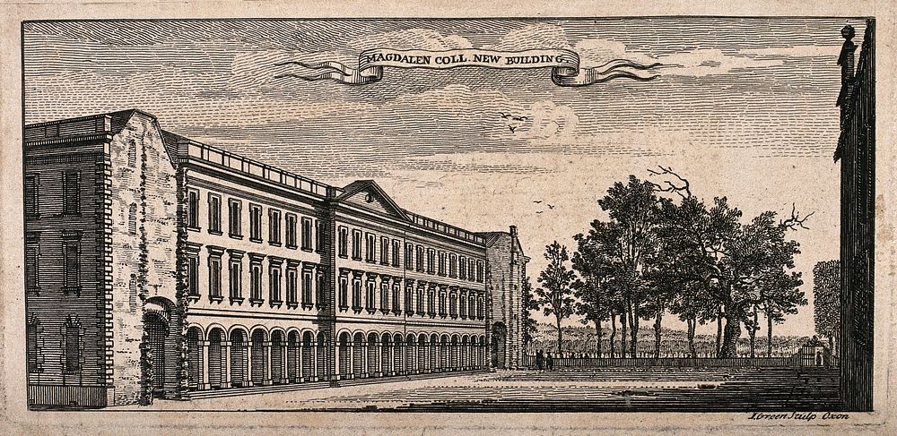 Magdalen College, Oxford. Line engraving by I. Green.