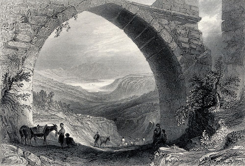 View through the aqueduct at Baghtchè Keuï. Engraving by J.B. Allen after W.H. Bartlett.