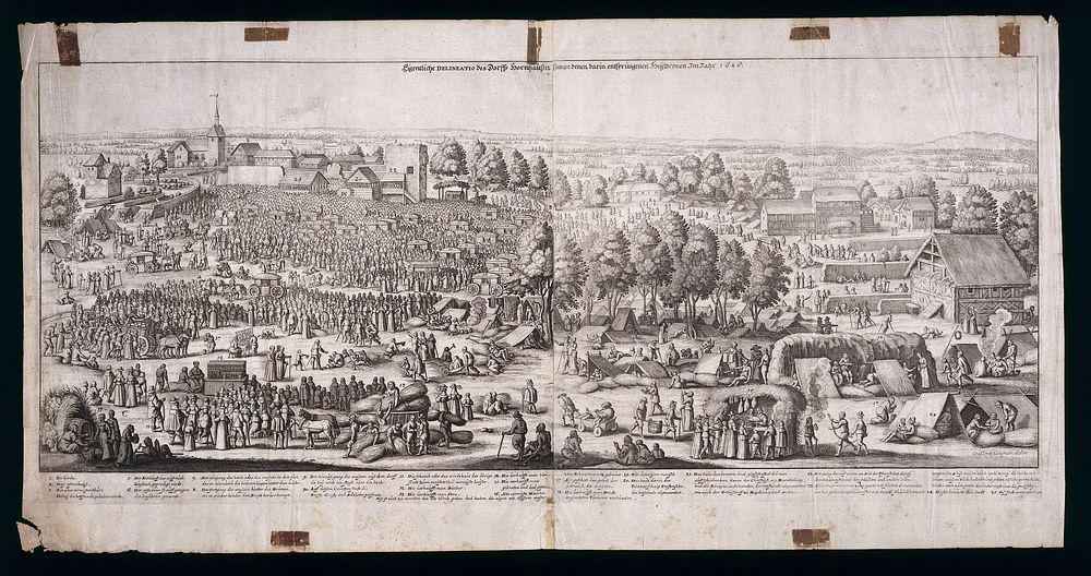 Hornhausen, Saxony-Anhalt: people visiting the town to partake of the medicinal waters. Engraving attributed to Matthias…