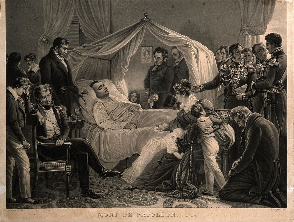 The death of Napoleon Bonaparte at St Helena in 1821. Intaglio print by J.P.M. Jazet, 1830, after Baron Steuben.