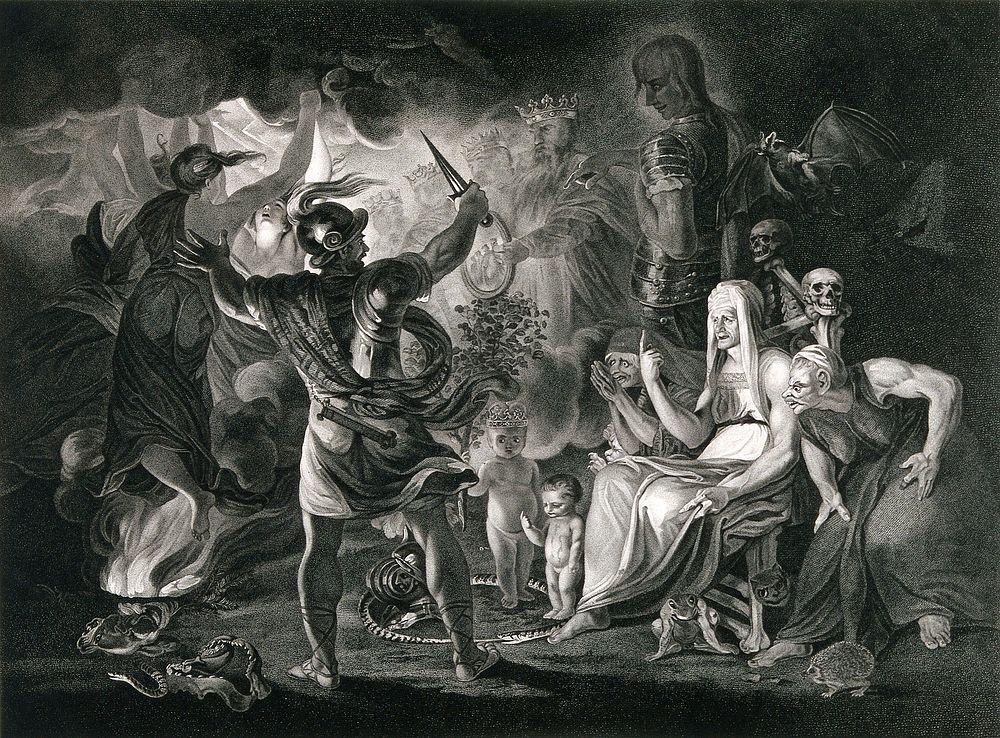 Macbeth, the three witches, Hecate, and the eight kings, in a cave. Stipple print by R. Thew after J. Reynolds, 1 December…