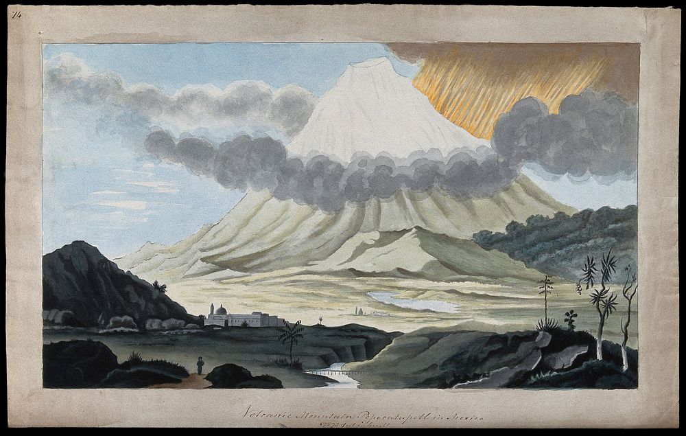 Popocatapetl, Mexico: a flank eruption of the volcano, showing the lateral blast. Watercolour.