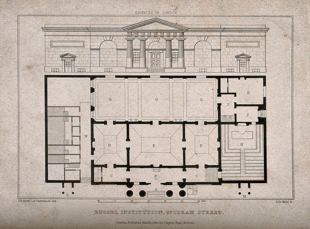 Russell Institution, Great Coram Street, London: the facade, above, floor plan, below, with a scale of feet. Engraving by J.…