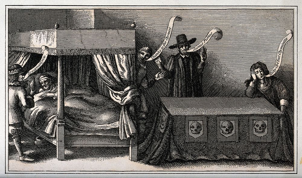 King James I of England on his deathbed, attended by courtiers trying to poison him. Etching by or after W. Hollar, ca. 1672.