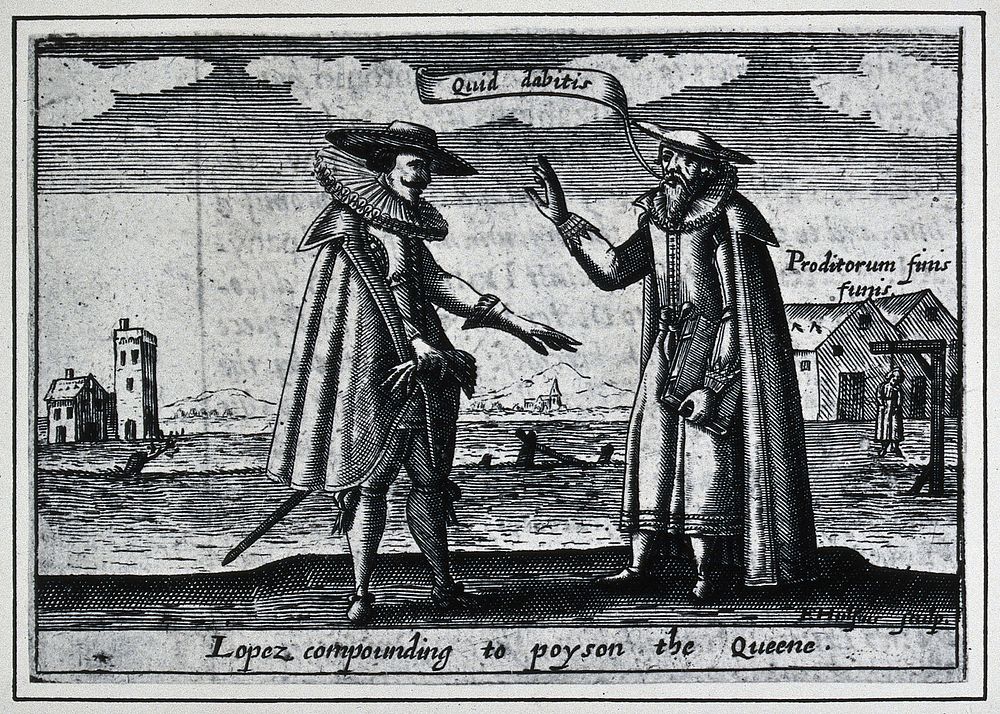 Roderigo Lopez: he conspires to poison Queen Elizabeth I and is hanged. Photograph after an engraving by F. van Hulsen, 1627.