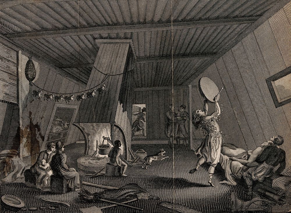 A shaman banging a drum and dancing to invoke spirits to cure a sick man. Engraving by S. Davenport.