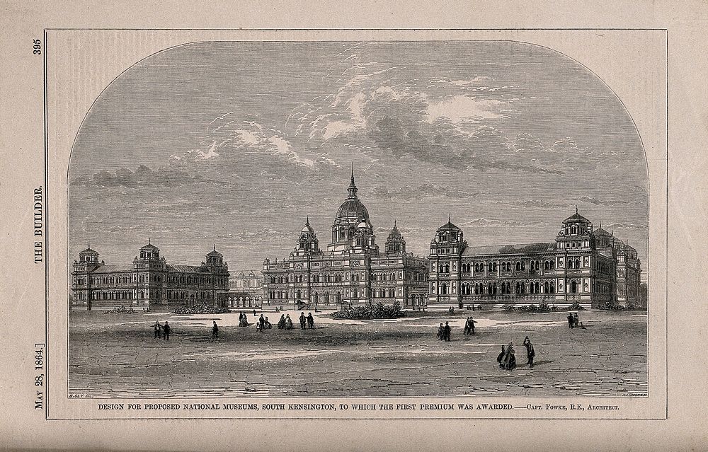 Design for museums at south Kensington. Wood engraving by W. E. Hodgkin after B. Sly after F. Fowke, 1864.