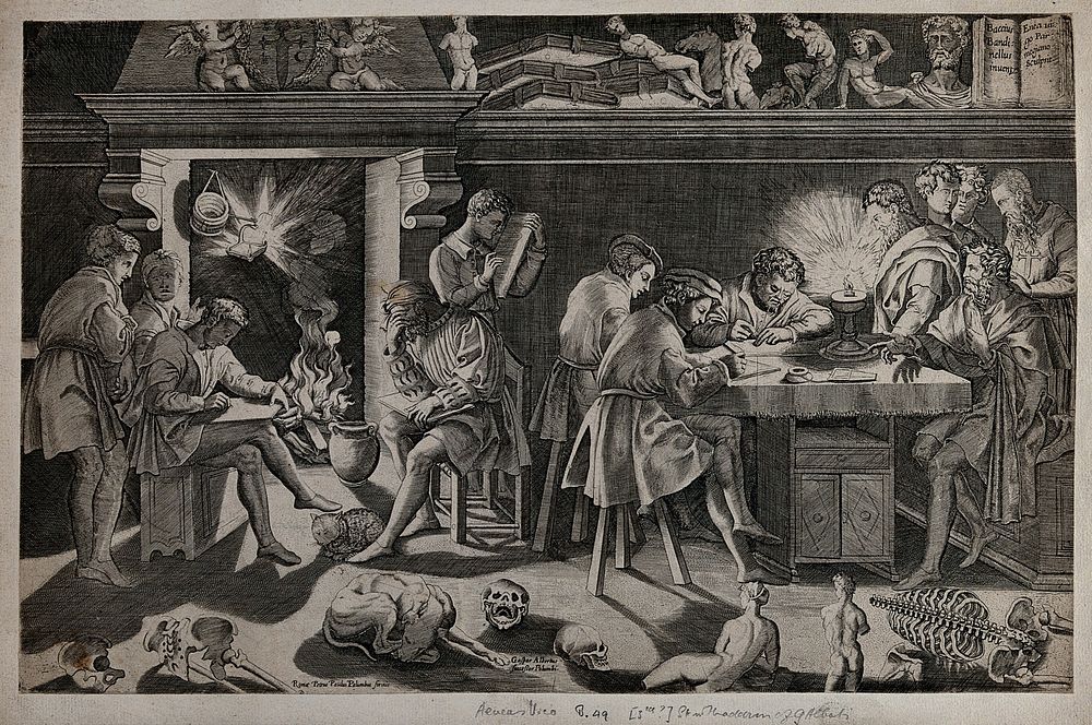 An interior in candlelight with male figures drawing; sculptures, books, skulls and a human skeleton arranged on a shelf and…