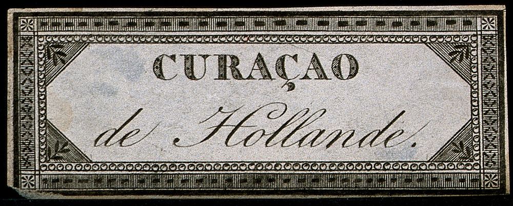 An ornamental Dutch curaçao label. Engraving, 18--.