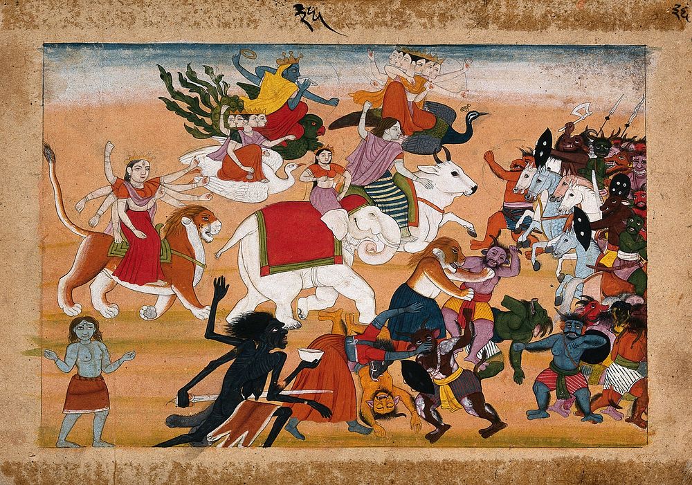 A battle between animals, divs and Hindu deities. Gouache painting by an Indian artist, ca. 1600.