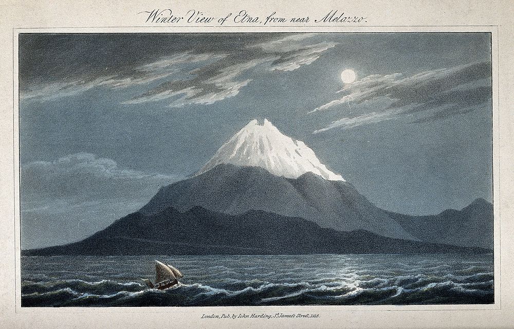 Mount Etna, snow-capped, by moonlight. Colour aquatint, 1815.
