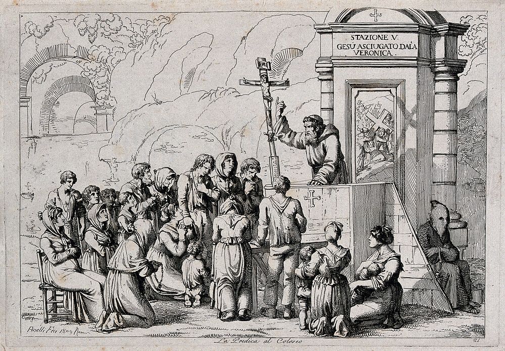 The Colosseum, Rome: a friar is preaching to a crowd of people. Etching by B. Pinelli, 1809.