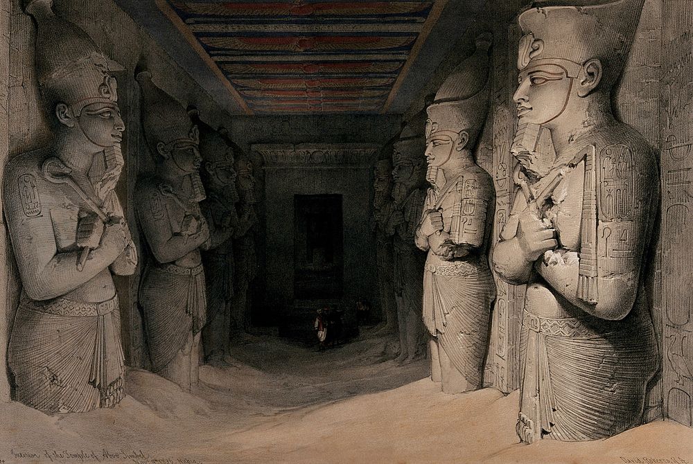Statues inside the temple of Abu Simbel, Egypt. Coloured lithograph by Louis Haghe after David Roberts, 1849.
