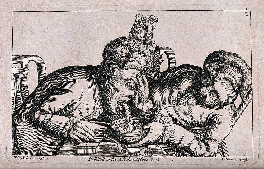 One man vomits into a bowl as his companion lifts his wig and steadies the bowl. Etching by T. Sandars, 1773, after J.…