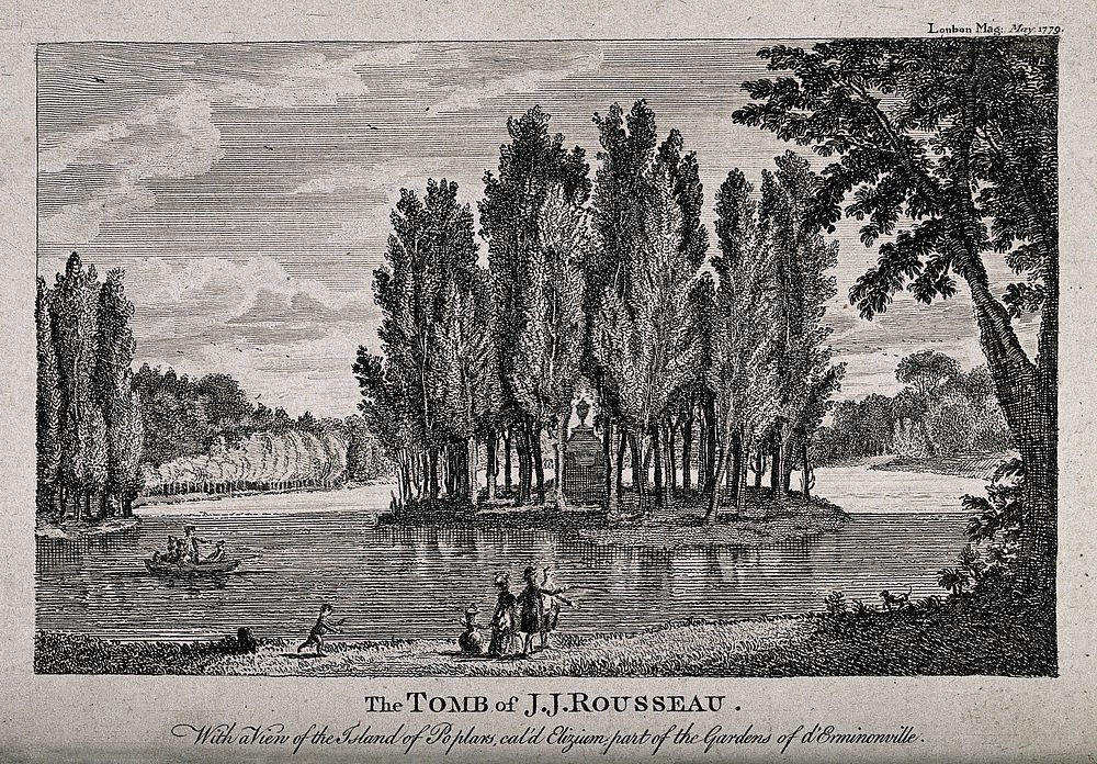 The tomb of J.J. Rousseau, on an island in the gardens of Ermenonville. Engraving, 1779.