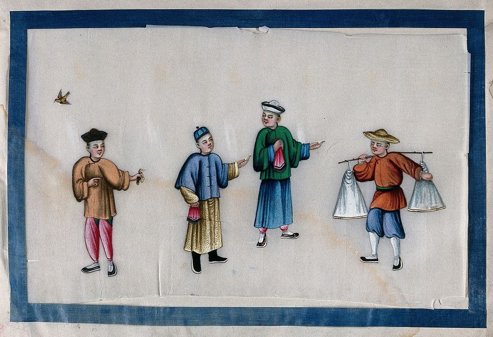 Chinese figures with street vendor. Painting by a Chinese artist, ca. 1850.