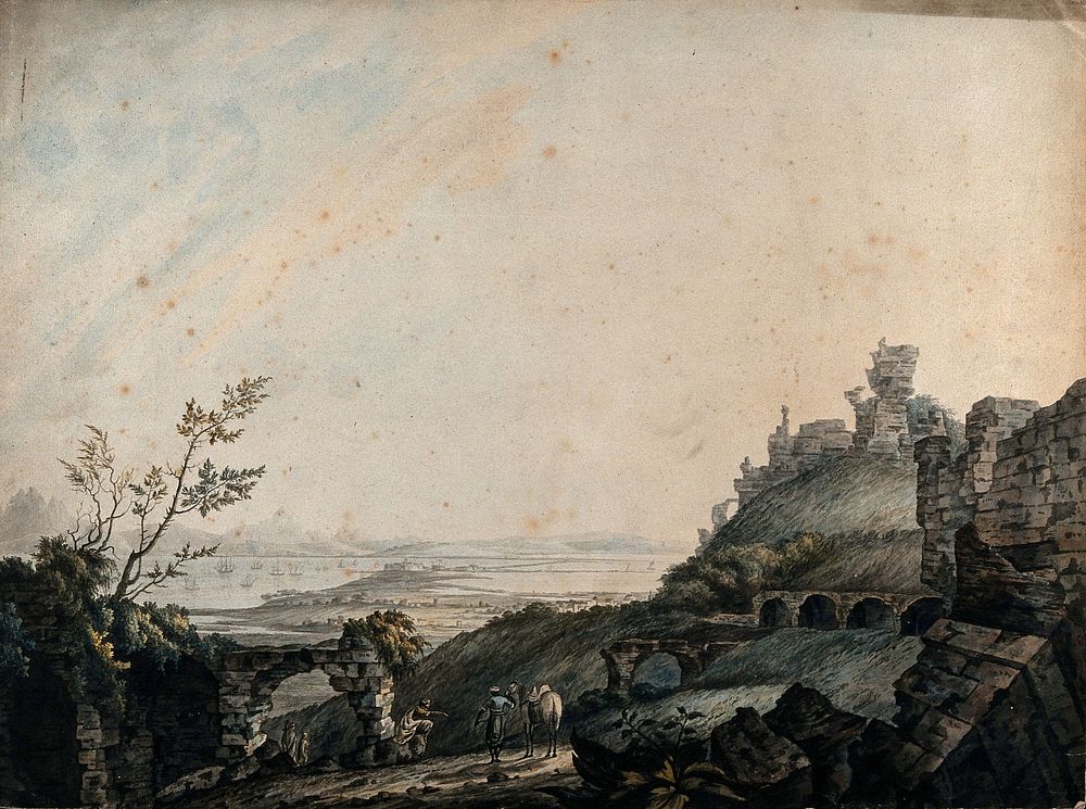 Ruins at Galetta, with lake Tunis in the distance, seen from Carthage, Tunisia. Watercolour by Charles Gülin, 1778.