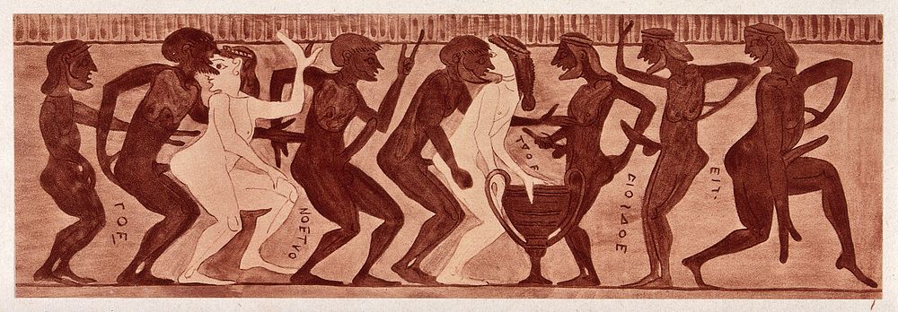 A frieze depicting men and women. Process print, 1921.