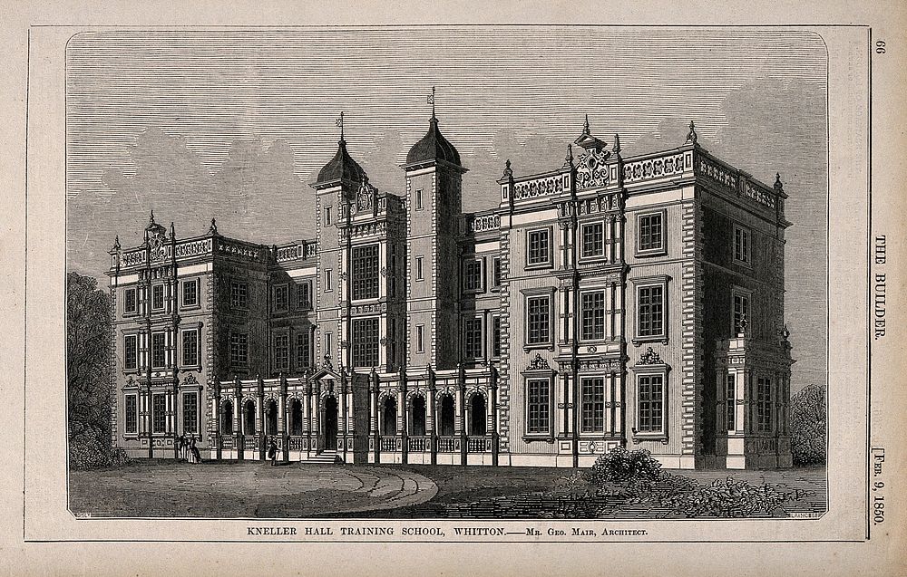 Kneller Hall Training School, Whitton, Middlesex. Wood engraving by C. D. Laing, 1850, after B. Sly after G. Mair.