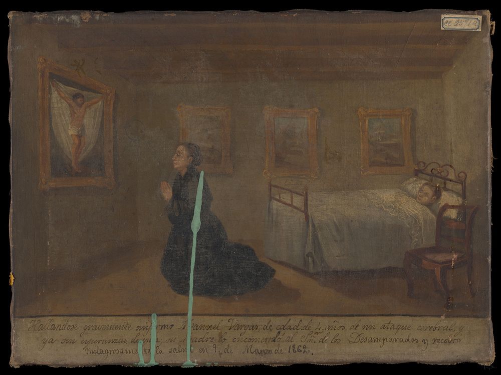 The mother of Manuel Vargas praying for his recovery from a "cerebral attack", March 1862. Oil painting by a Spanish…