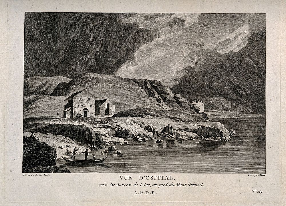 Grimsel hospice at Ospital on the Grimselsee, near the source of the river Aar. Etching by Michel after J.J.F. Le Barbier.