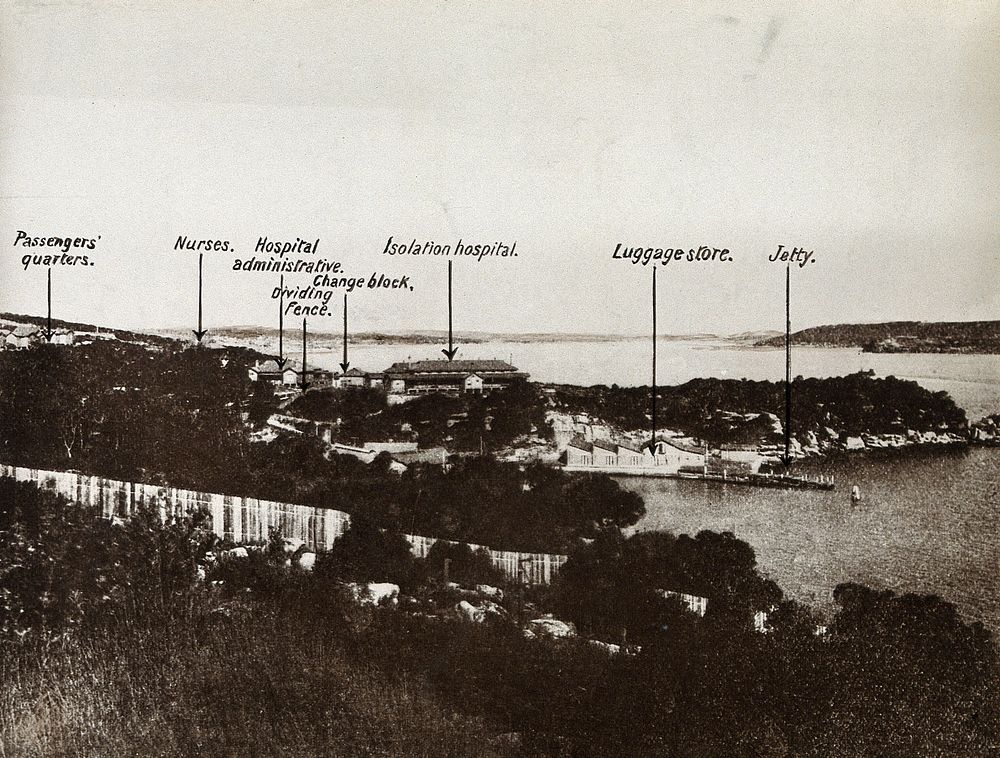 Sydney, New South Wales: the quarantine station: view from the mainland showing the isolation hospital and the jetty.…