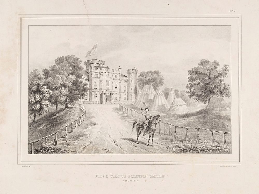 Eglinton Tournament: front of Eglinton castle, a herald on horseback blowing a bugle. Lithograph by H. Wilson after C.A.…