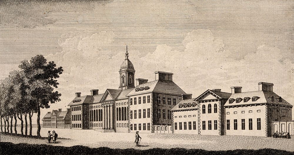 The Royal Hospital, Chelsea: three-quarter view of the north facade. Engraving, 1776, after S. Wale.