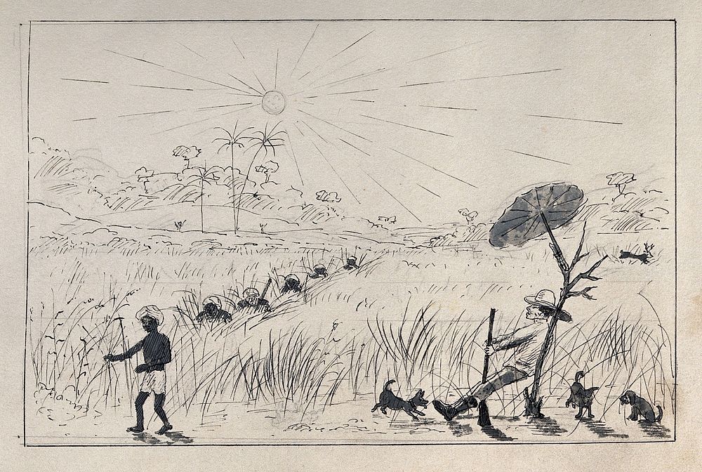 Malaya: a white hunter resting in the shade as native Malays wait nearby in long grass. Pen drawing by J. Taylor, c. 1879.