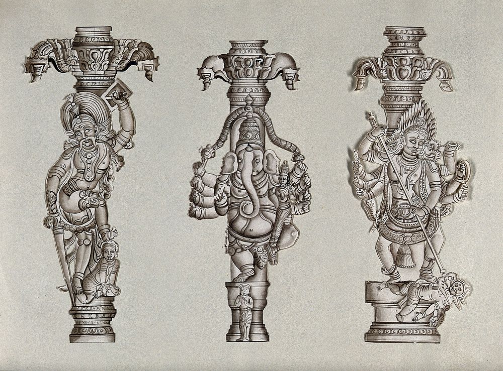 Three Indian gods: left, Bhairav; center, Ganesh; right, Shiva. Drawings by an Indian artist.