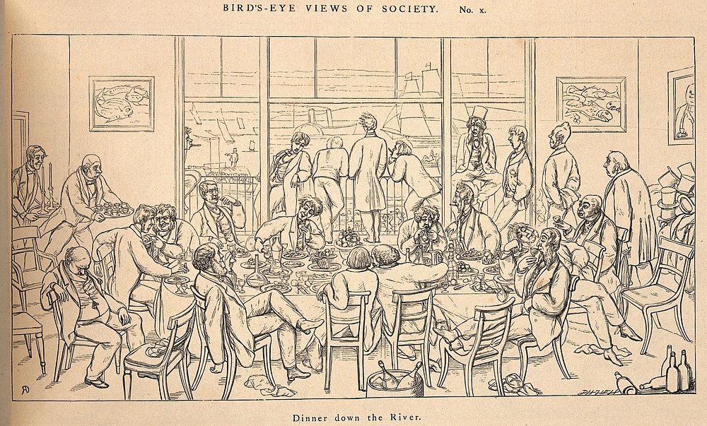 A gentlemen's dinner looking out onto the river. Reproduction of a wood engraving after Dalziel after R. Doyle.