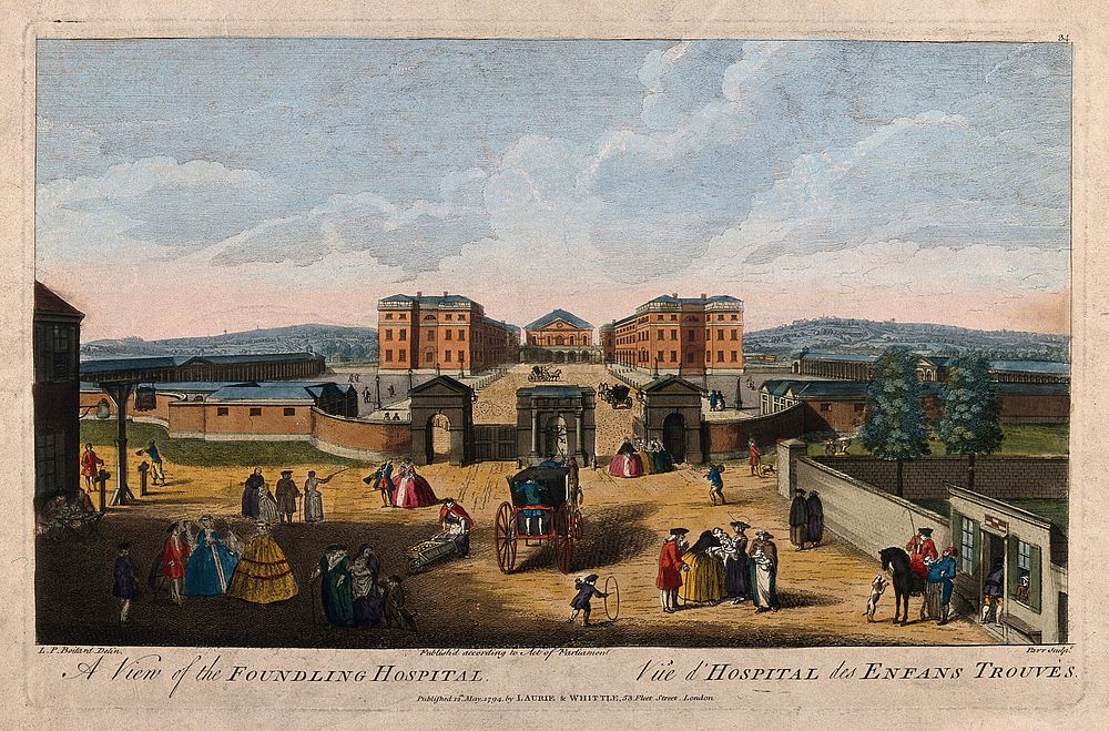 The Foundling Hospital, Holborn, London: a bird's-eye view of the courtyard, a busy scene in the street. Coloured engraving…