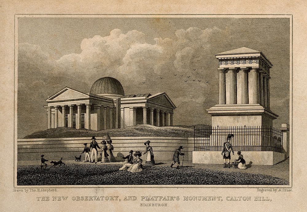 The monument to John Playfair (right) and the New Observatory (left) on Calton Hill, Edinburgh. Line engraving by A. Cruse…