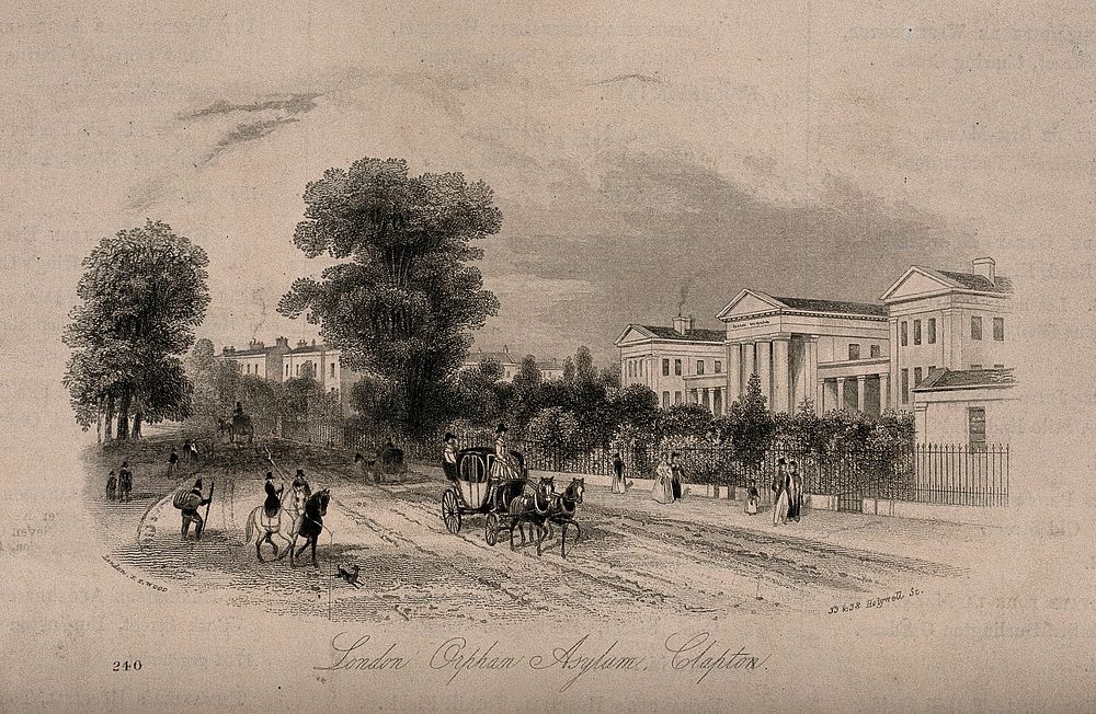 The London Orphan Asylum, Clapton: seen from the road. Etching.