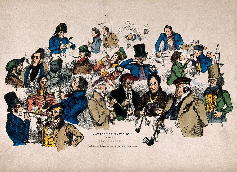 Men of different classes and nationalities smoking in different ways. Coloured lithograph.