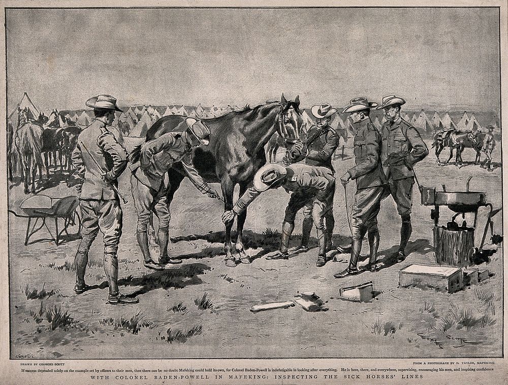 Boer War: Colonel Baden-Powell inspecting a sick horse at a military camp in Mafeking (Mahikeng). Process print by J.Swain &…