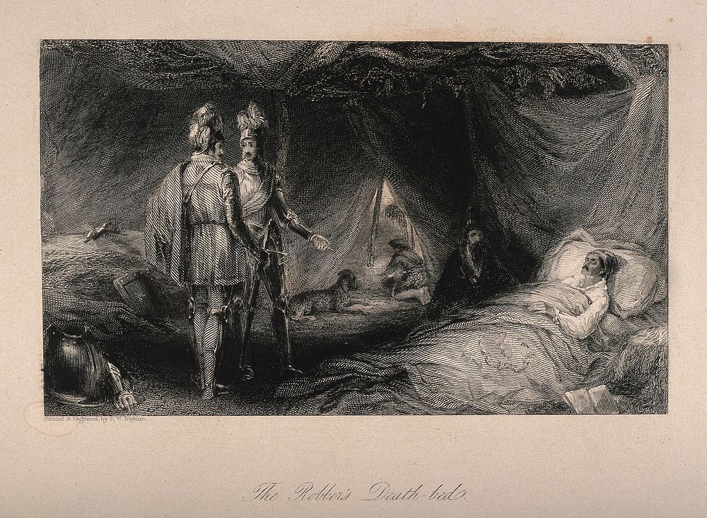 Soldiers standing over a robber's death-bed. Line engraving by F.W. Topham after himself.