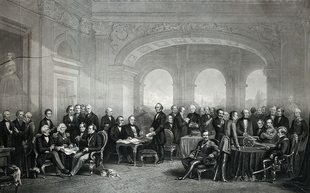 British inventors, politicians and military men, gathered in a room at Buckingham Palace. Engraving by C.G. Lewis, 1863…