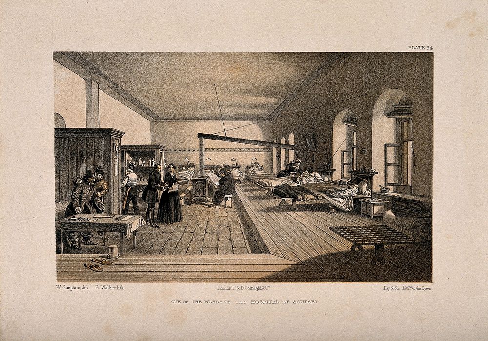 Crimean War: Florence Nightingale at Scutari Hospital. Tinted lithograph by E. Walker after W. Simpson.