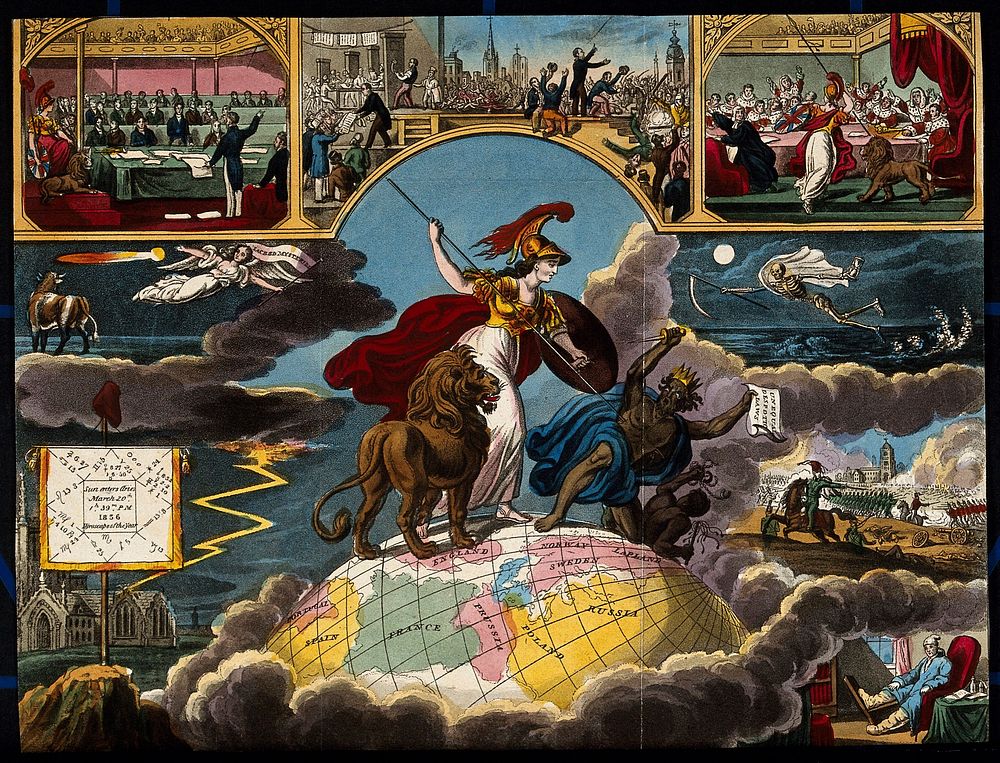 Astronomy: various apocalyptic scenes, including gout, lightning, war, and riotous assembly. Coloured lithograph, [c.1836].