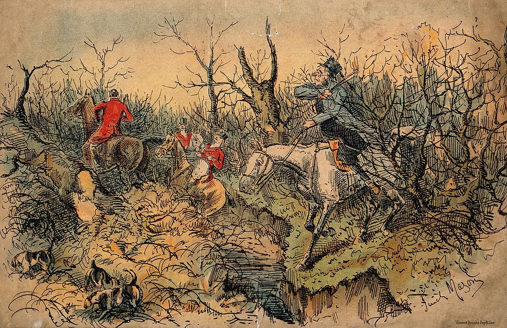 A hunting group losing its way in ditches and hedges. Chromolithograph after G. F. Mason.