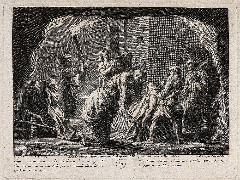 Samson is entombed. Engraving by J.B. de Poilly after F. Verdier, 1698.