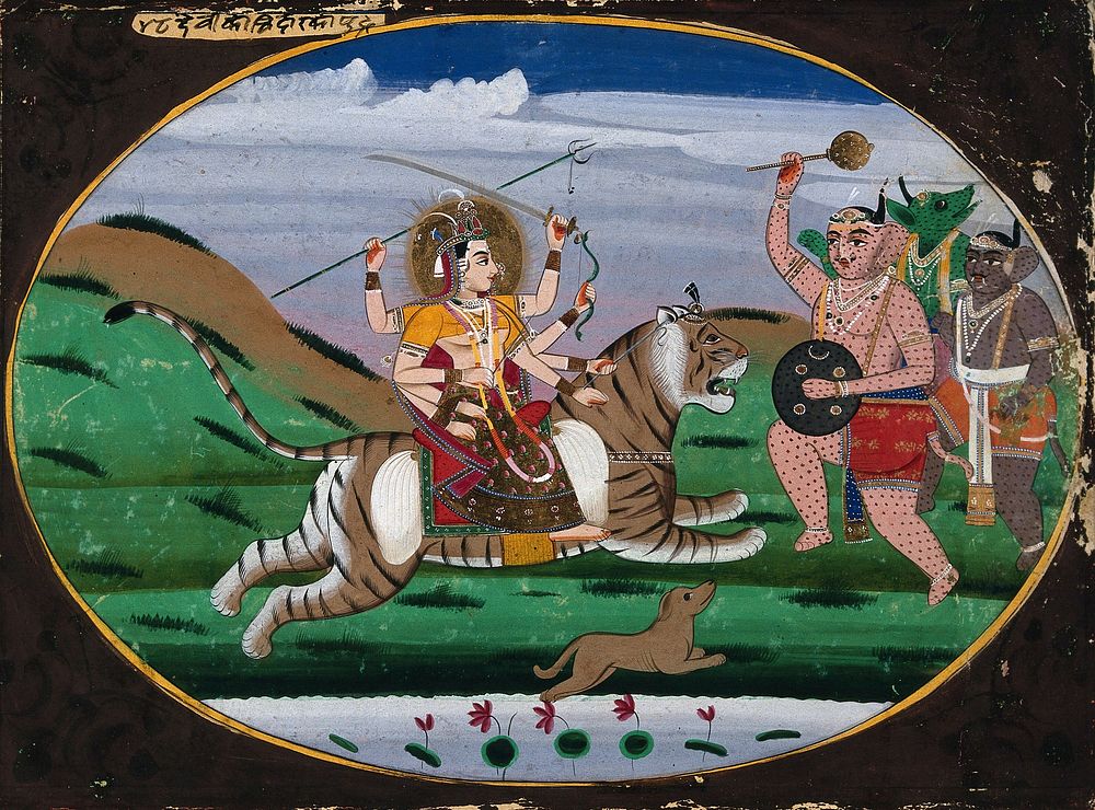 Durga in her manifestation as Chamunda prepares to battle the demons Chand and Mund. Gouache painting by an Indian artist.