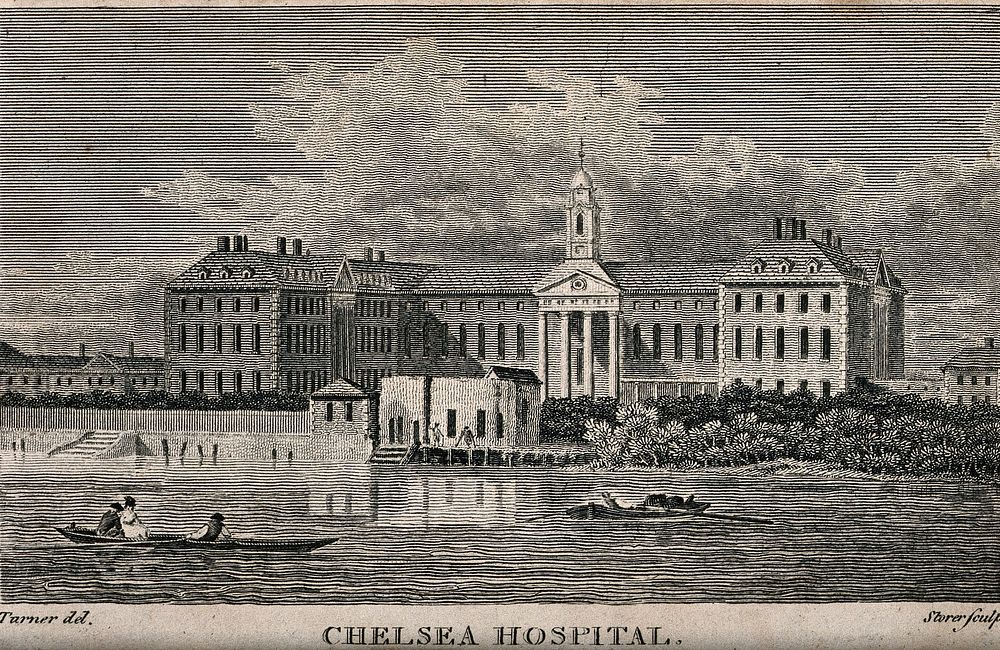 The Royal Hospital, Chelsea: viewed from the Surrey bank with boats on the river. Etching by J.S. Storer, 1795, after J.M.W.…