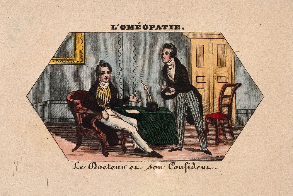 A young doctor confides in his equally fashionably dressed friend. Coloured photolithograph.