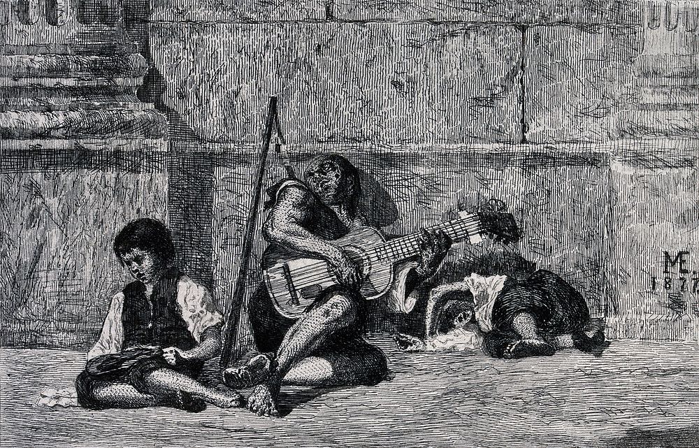 A man holding a guitar is leaning against a wall, two children are lying asleep on the ground beside him. Etching by J.J.…
